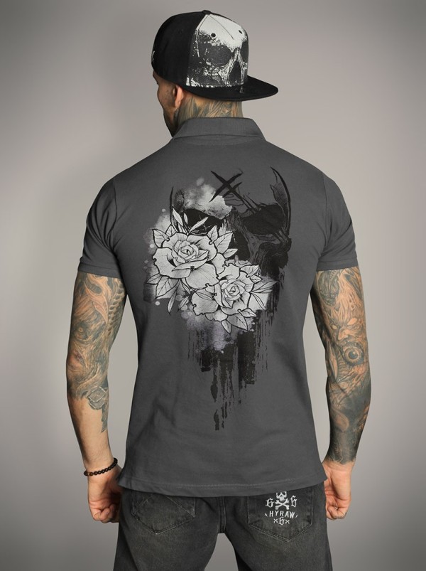 Gray polo shirt with rock metal and tattoo look | HYRAW Clothing